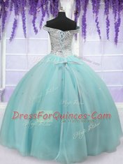 Low Price Tulle Off The Shoulder Short Sleeves Lace Up Beading 15 Quinceanera Dress in Light Blue