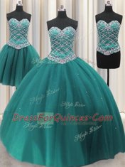 Captivating Three Piece Teal Tulle Lace Up Ball Gown Prom Dress Sleeveless Floor Length Beading and Sequins