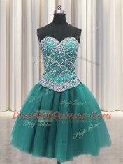 Captivating Three Piece Teal Tulle Lace Up Ball Gown Prom Dress Sleeveless Floor Length Beading and Sequins