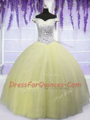 Spectacular Off the Shoulder Tulle Short Sleeves Floor Length Quinceanera Dresses and Beading