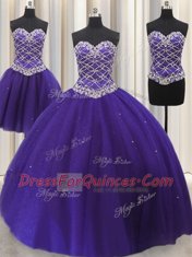 Three Piece Purple Lace Up Quince Ball Gowns Beading and Sequins Sleeveless Floor Length