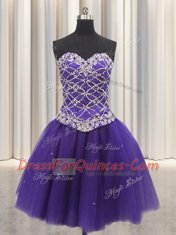 Three Piece Purple Lace Up Quince Ball Gowns Beading and Sequins Sleeveless Floor Length