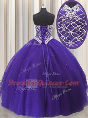 Three Piece Purple Lace Up Quince Ball Gowns Beading and Sequins Sleeveless Floor Length