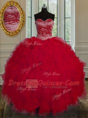 Ideal Red Sleeveless Tulle Lace Up 15 Quinceanera Dress for Military Ball and Sweet 16