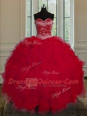 Ideal Red Sleeveless Tulle Lace Up 15 Quinceanera Dress for Military Ball and Sweet 16