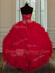 Ideal Red Sleeveless Tulle Lace Up 15 Quinceanera Dress for Military Ball and Sweet 16