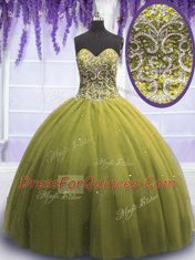 Sleeveless Floor Length Beading and Appliques Lace Up 15 Quinceanera Dress with Olive Green