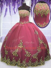 Charming Tulle Strapless Sleeveless Zipper Appliques Quinceanera Dress in Red