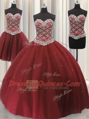 Three Piece Burgundy Lace Up Sweet 16 Dress Beading and Sequins Sleeveless Floor Length