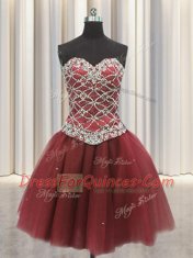Three Piece Burgundy Lace Up Sweet 16 Dress Beading and Sequins Sleeveless Floor Length