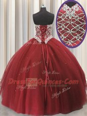 Three Piece Burgundy Lace Up Sweet 16 Dress Beading and Sequins Sleeveless Floor Length