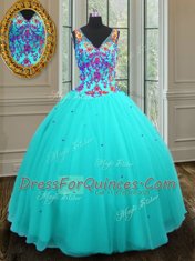 Dazzling Floor Length Aqua Blue Ball Gown Prom Dress V-neck Sleeveless Zipper
