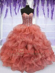 Floor Length Lace Up Quinceanera Dresses Watermelon Red for Military Ball and Sweet 16 and Quinceanera with Beading and Ruffles