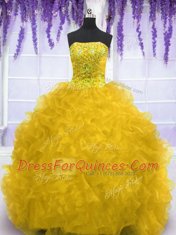 Traditional Gold Strapless Neckline Beading and Ruffles Quinceanera Dresses Sleeveless Lace Up