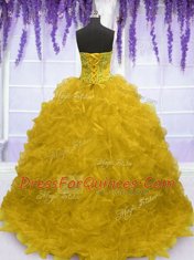Traditional Gold Strapless Neckline Beading and Ruffles Quinceanera Dresses Sleeveless Lace Up
