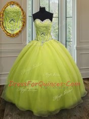 Colorful Yellow Green Lace Up Sweet 16 Quinceanera Dress Beading and Belt Sleeveless Floor Length