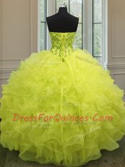 Luxury Yellow Lace Up Quince Ball Gowns Beading and Ruffles Sleeveless Floor Length