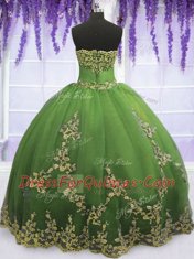 High Quality Olive Green Ball Gowns Tulle Strapless Sleeveless Appliques Floor Length Zipper Quinceanera Dress