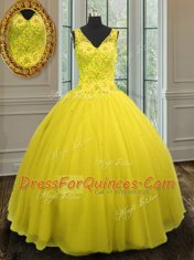 Trendy Sleeveless Tulle Floor Length Zipper 15 Quinceanera Dress in Yellow with Beading
