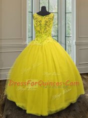 Trendy Sleeveless Tulle Floor Length Zipper 15 Quinceanera Dress in Yellow with Beading