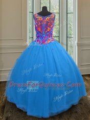 Comfortable Blue Tulle Zipper Straps Sleeveless Floor Length Quinceanera Gowns Beading and Sequins