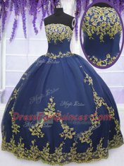 Pretty Navy Blue Strapless Neckline Appliques Quinceanera Gown Sleeveless Zipper