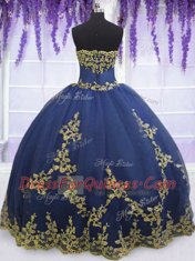 Pretty Navy Blue Strapless Neckline Appliques Quinceanera Gown Sleeveless Zipper