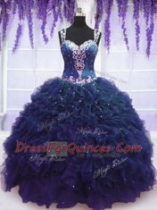 Luxurious Straps Beading and Ruffles Quinceanera Gown Navy Blue Zipper Sleeveless Floor Length