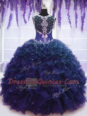 Luxurious Straps Beading and Ruffles Quinceanera Gown Navy Blue Zipper Sleeveless Floor Length