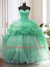 Shining Sweetheart Sleeveless Ball Gown Prom Dress With Train Sweep Train Beading Apple Green Organza