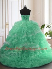 Shining Sweetheart Sleeveless Ball Gown Prom Dress With Train Sweep Train Beading Apple Green Organza