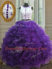 Wonderful Purple Ball Gowns Scoop Sleeveless Organza Floor Length Clasp Handle Appliques 15th Birthday Dress