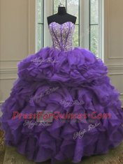 Eggplant Purple Lace Up Sweetheart Beading and Ruffles Quinceanera Gown Organza Sleeveless