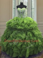 Fine Green Organza Lace Up Quinceanera Dresses Sleeveless Floor Length Beading and Ruffles