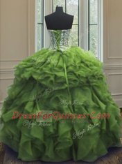 Fine Green Organza Lace Up Quinceanera Dresses Sleeveless Floor Length Beading and Ruffles