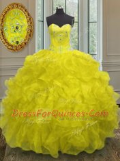 Trendy Yellow Ball Gowns Beading and Embroidery and Ruffles Ball Gown Prom Dress Lace Up Organza Sleeveless Floor Length