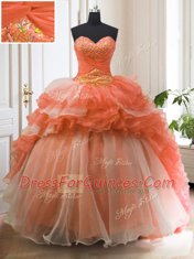 Fantastic Sleeveless With Train Beading and Ruffled Layers Lace Up Sweet 16 Dresses with Orange Red Sweep Train