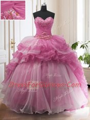 Organza Sweetheart Sleeveless Sweep Train Lace Up Beading and Ruffled Layers 15th Birthday Dress in Rose Pink