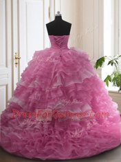 Organza Sweetheart Sleeveless Sweep Train Lace Up Beading and Ruffled Layers 15th Birthday Dress in Rose Pink