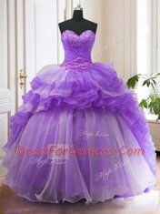 Smart Organza Sleeveless With Train Ball Gown Prom Dress Sweep Train and Beading and Ruffled Layers
