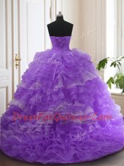 Smart Organza Sleeveless With Train Ball Gown Prom Dress Sweep Train and Beading and Ruffled Layers