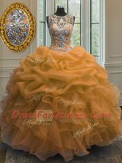 Classical Orange Scoop Lace Up Beading and Ruffles and Pick Ups Quinceanera Dresses Sleeveless