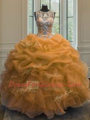 Classical Orange Scoop Lace Up Beading and Ruffles and Pick Ups Quinceanera Dresses Sleeveless