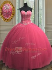 Hot Pink Ball Gowns Tulle Sweetheart Sleeveless Beading and Sequins Floor Length Lace Up 15th Birthday Dress