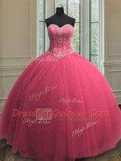 Hot Pink Ball Gowns Tulle Sweetheart Sleeveless Beading and Sequins Floor Length Lace Up 15th Birthday Dress