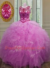 Colorful Scoop Sleeveless Tulle Quinceanera Gown Beading and Ruffles Lace Up