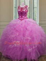 Colorful Scoop Sleeveless Tulle Quinceanera Gown Beading and Ruffles Lace Up