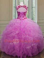 Colorful Scoop Sleeveless Tulle Quinceanera Gown Beading and Ruffles Lace Up