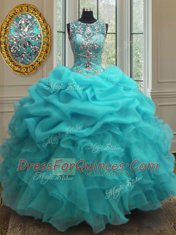Vintage Scoop Floor Length Baby Blue Quinceanera Gowns Organza Sleeveless Beading and Ruffles