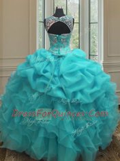 Vintage Scoop Floor Length Baby Blue Quinceanera Gowns Organza Sleeveless Beading and Ruffles